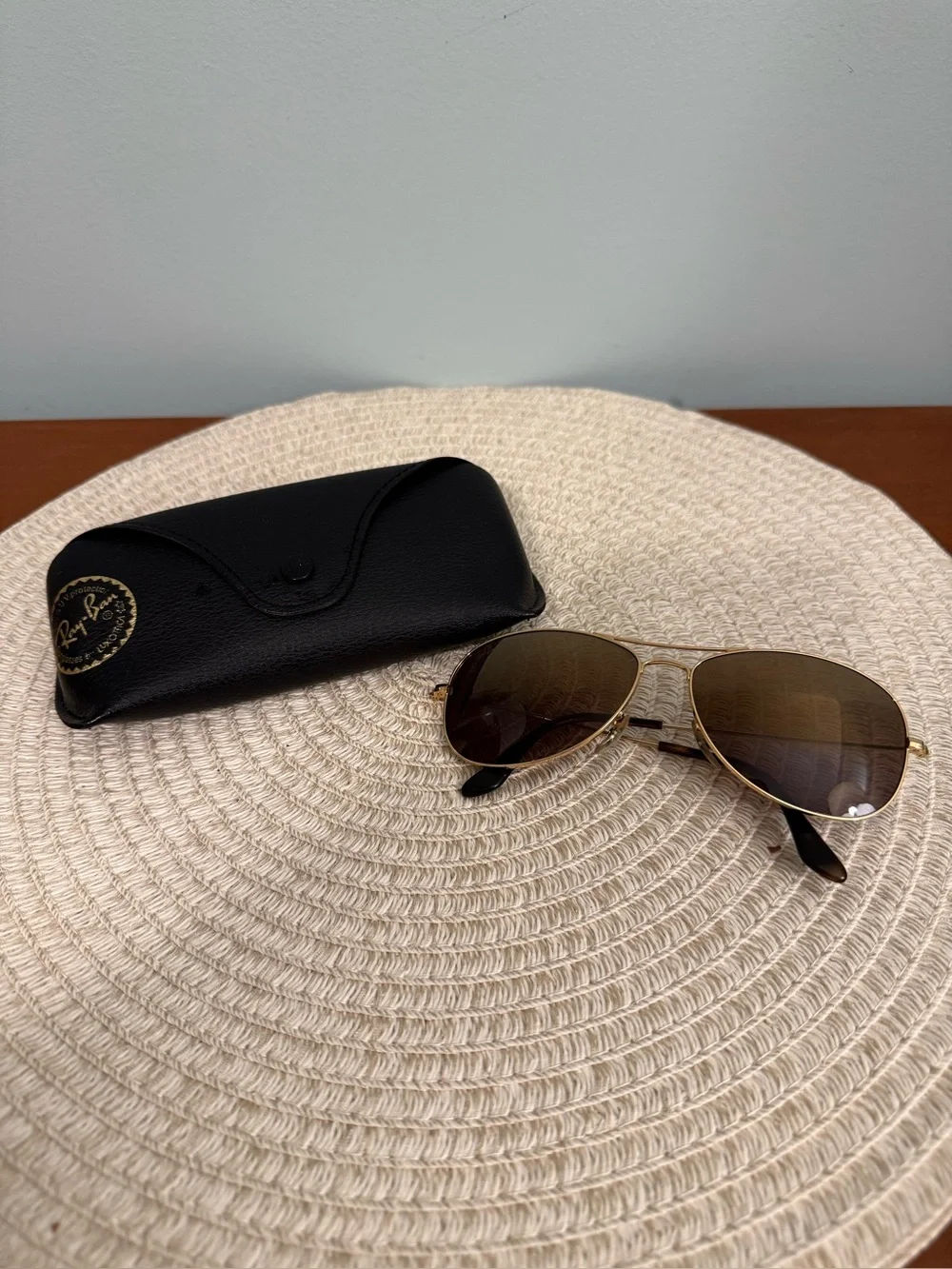 Ray-Ban Women’s Gold Aviator Sunglasses with Brown Lenses and Black Temples